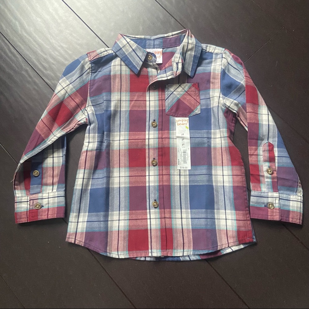 NWT Jumping Beans toddler boy blue & red plaid button down shirt 2T